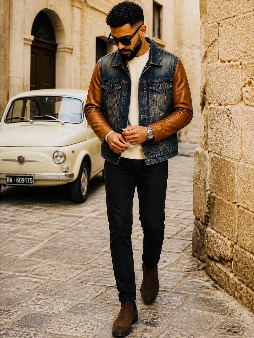 Cult of Individuality Black Slim Jeans with leather sleeves — Men’s Slim Fit